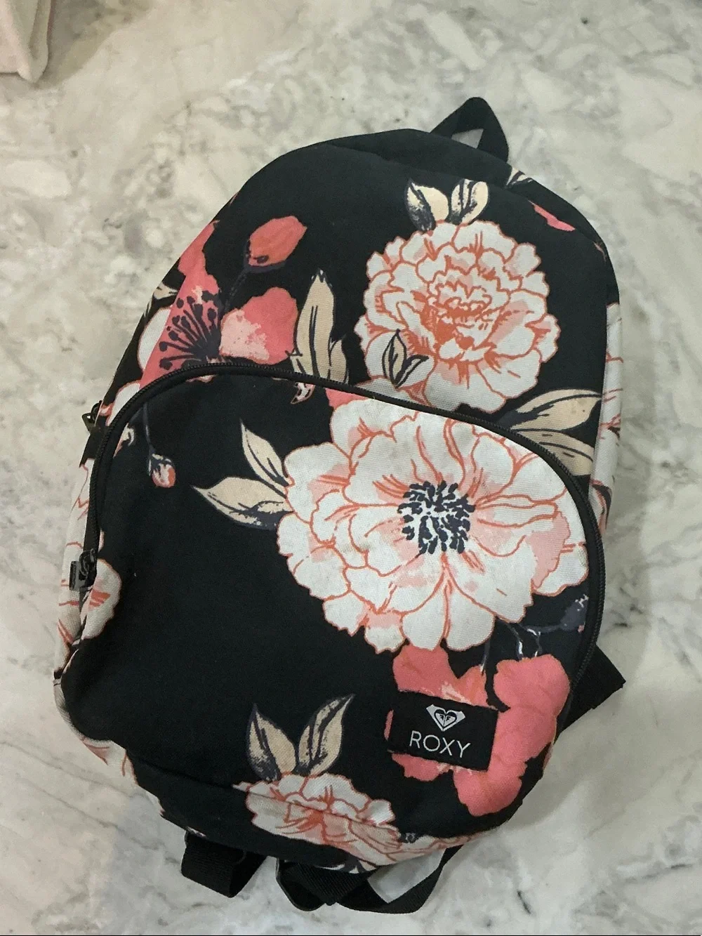 Roxy Black Backpack with Coral Pink Floral Print